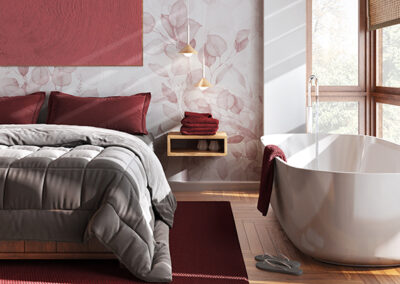 floral professional wallpaper installation in guest bedroom bath