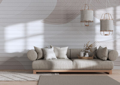neutral graphic professional wallpaper installation in minimal livingroom