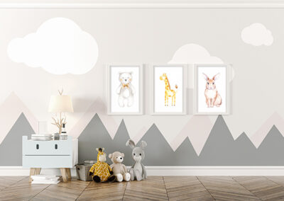 professionally installed baby room graphic wallpaper soft neutrals color scheme