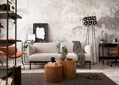 textural wallpaper installation in modern mid-century living room