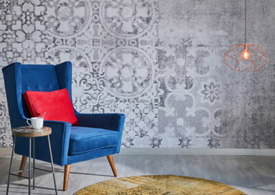 textural wallpaper professionally installed in seating area