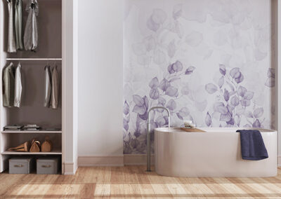 lavender leaf themed wallpaper accent wall installed behind tub in bathroom