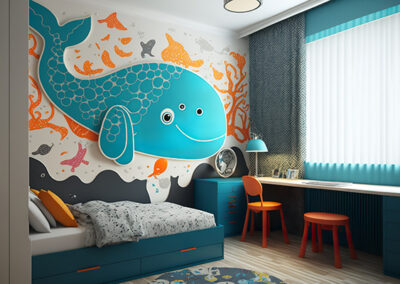 whale and sea themed 3d feature wallpaper in child's room