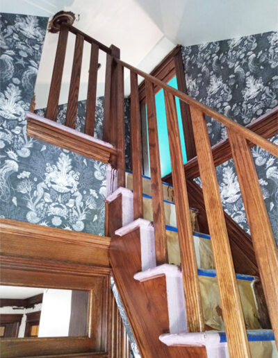 kansas city residential wallpaper installation during remodel floral wallpaper on stairs