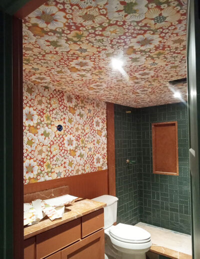 kc residential wallpaper installation in bathroom with unique ceiling application
